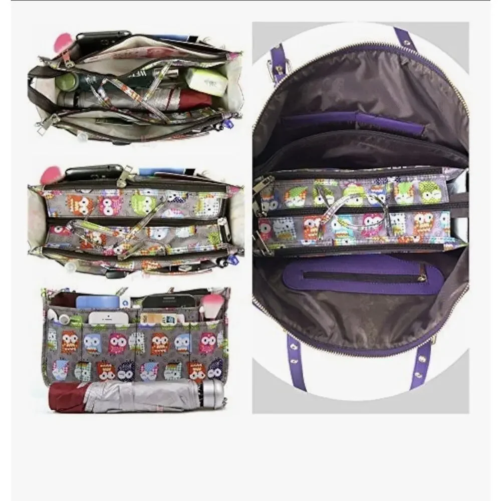 Owl Print Organizer Insert Bag Zipper Pockets Travel Craft Storage